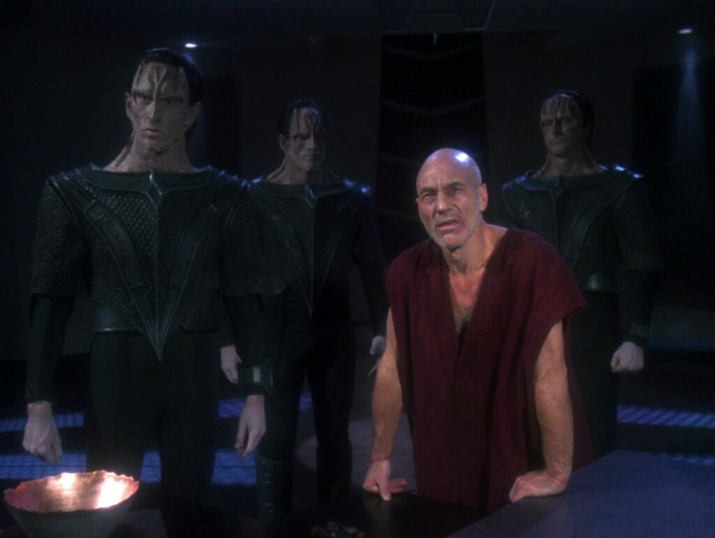 Torture in the optimistic future of TNG - conducted by villains not heroes.

Image from TrekCore.com

https://tng.trekcore.com/gallery/albums/screencaps/season6/6x11/chain-of-command-part-ii-hd-328.jpg